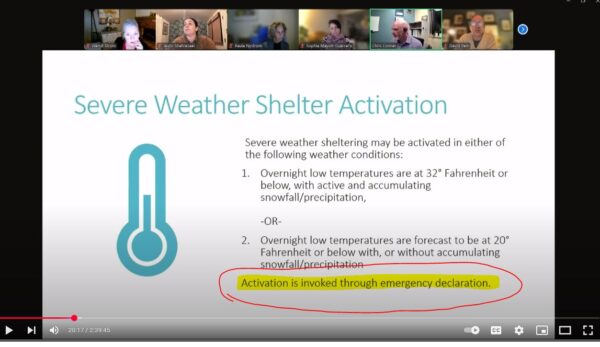 City Power Point slide: "Severe Weather Shelter Activation - Activation inviked through emergency declaration"