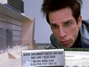 Image of the character Derek Zoolander looking at model school