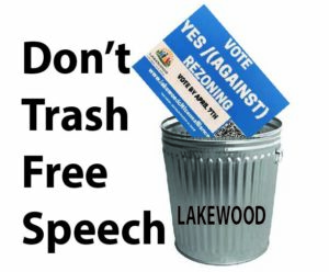 "Don't trash free speech" with picture of "Vote Yes" yard sign going into a Lakewood trash can