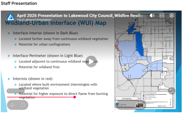 Map of Lakewood showing areas from Bear Creek through Green Mountain park as interface areas.