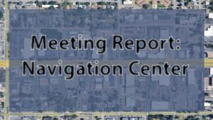"Meeting report: Navigation Center" with a background map image of the Colfax corridor