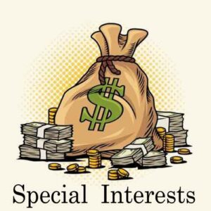 Bag of money with "special interests" label