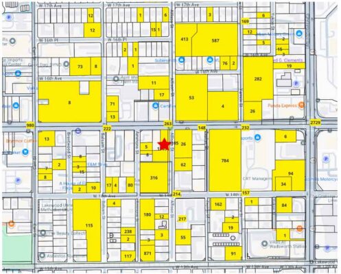 Map showing addresses surrounding the Navigation Center. The Center had 1105 services, with 100s on streets around it.